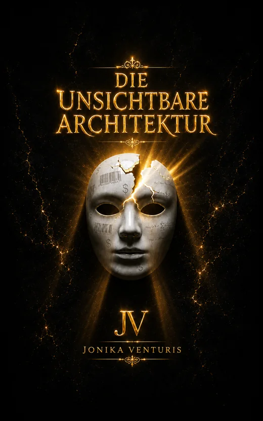 Buchcover Band 1: Die unsichtbare Architektur — eine gesprungene weiße Maske mit goldenem Riss auf schwarzem Grund