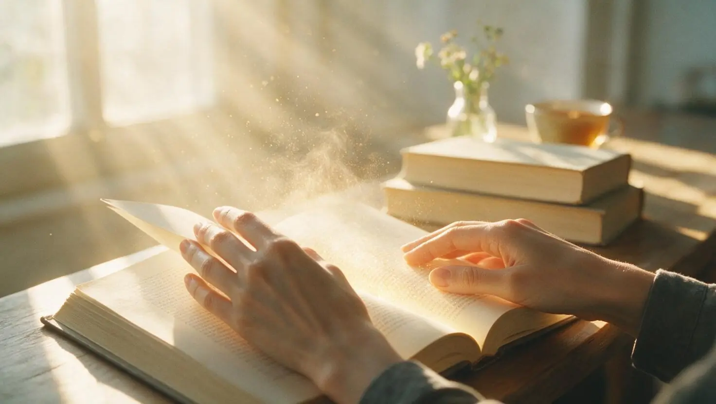 Две ръце лежат върху отворена книга на слънце, до нея купчина книги и чаша чай.